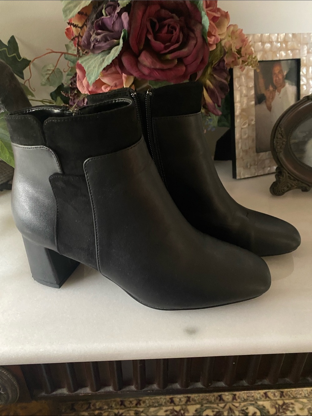 Bella Vita Black Leather & Suede Ankle Booties with Block Heel